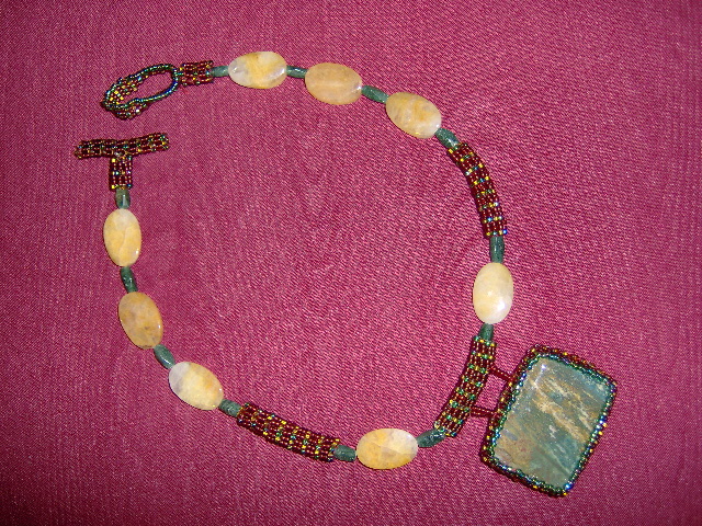 Handmade Real Stones and Seed Beaded Necklace in Greens and Browns Handmade Real Stones and Seed Beaded Necklace in Greens and Browns