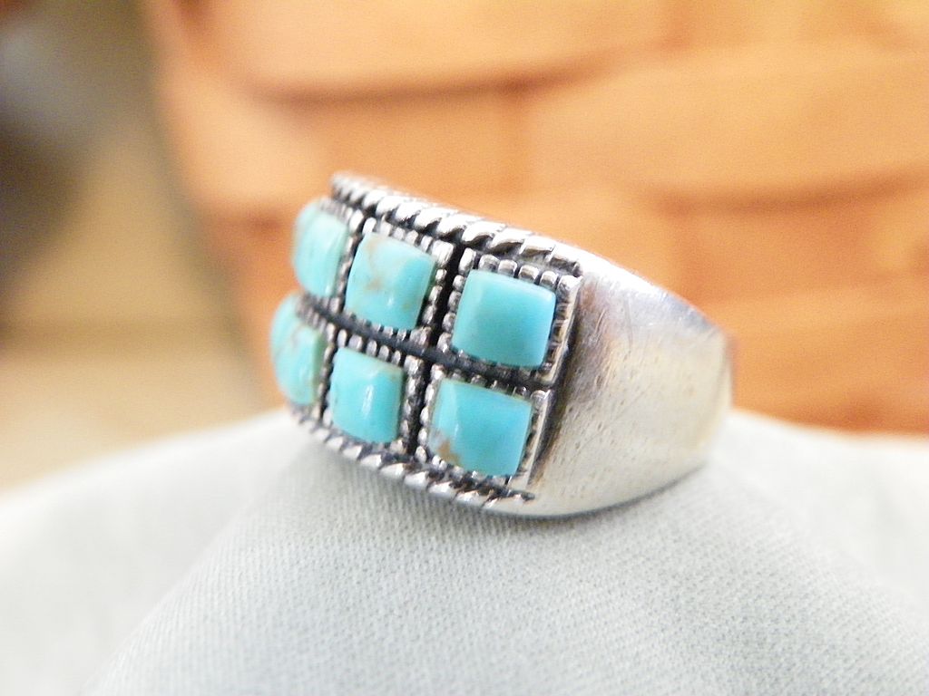 Sterling Silver Natural Blue Turquoise Double Row Ring Unisex Sterling Silver Natural Blue Turquoise Double Row Ring Unisex