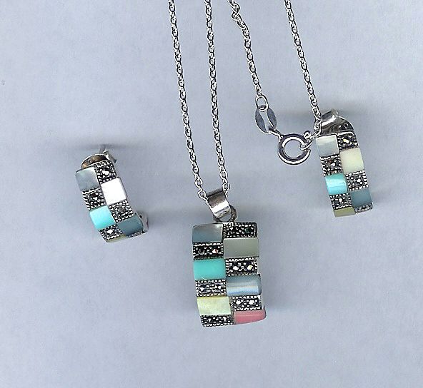 Sterling Silver with Marcasites and Multi Color Mother of Pearl Necklace and Pierced Earrings Sterling Silver with Marcasites and Multi Color Mother of Pearl Necklace and Pierced Earrings