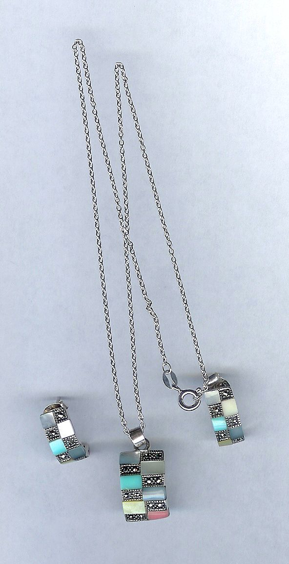 Sterling Silver with Marcasites and Multi Color Mother of Pearl Necklace and Pierced Earrings Sterling Silver with Marcasites and Multi Color Mother of Pearl Necklace and Pierced Earrings