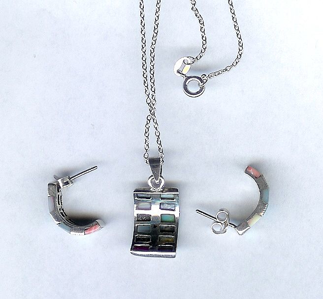 Sterling Silver with Marcasites and Multi Color Mother of Pearl Necklace and Pierced Earrings Sterling Silver with Marcasites and Multi Color Mother of Pearl Necklace and Pierced Earrings