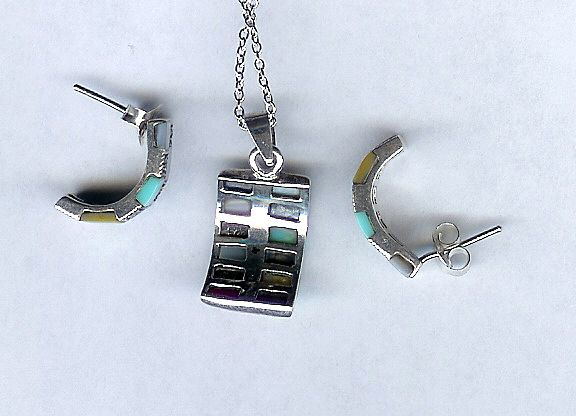 Sterling Silver with Marcasites and Multi Color Mother of Pearl Necklace and Pierced Earrings Sterling Silver with Marcasites and Multi Color Mother of Pearl Necklace and Pierced Earrings
