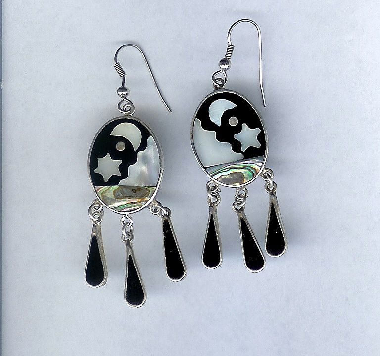 Alpaca Mexico, Moon and Stars, Abalone and Onyx Pierced Earrings Alpaca Mexico, Moon and Stars, Abalone and Onyx Pierced Earrings