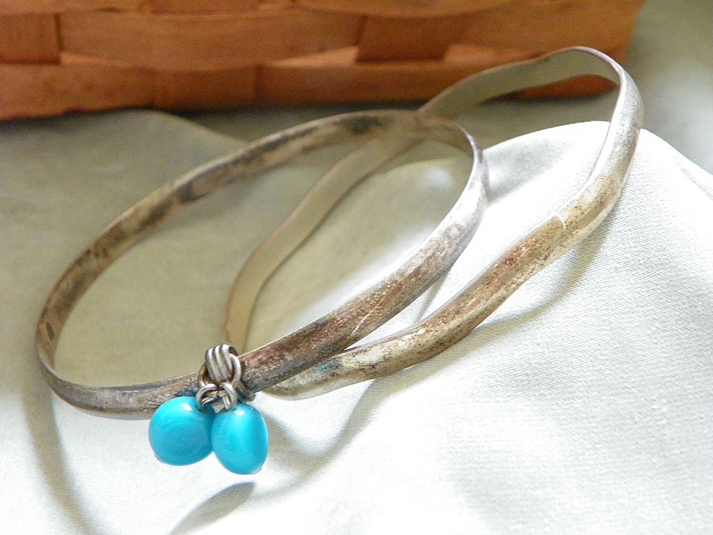 3 Sterling Silver Bangle Bracelets with Jingle and Blue Glass Beads 3 Sterling Silver Bangle Bracelets with Jingle and Blue Glass Beads