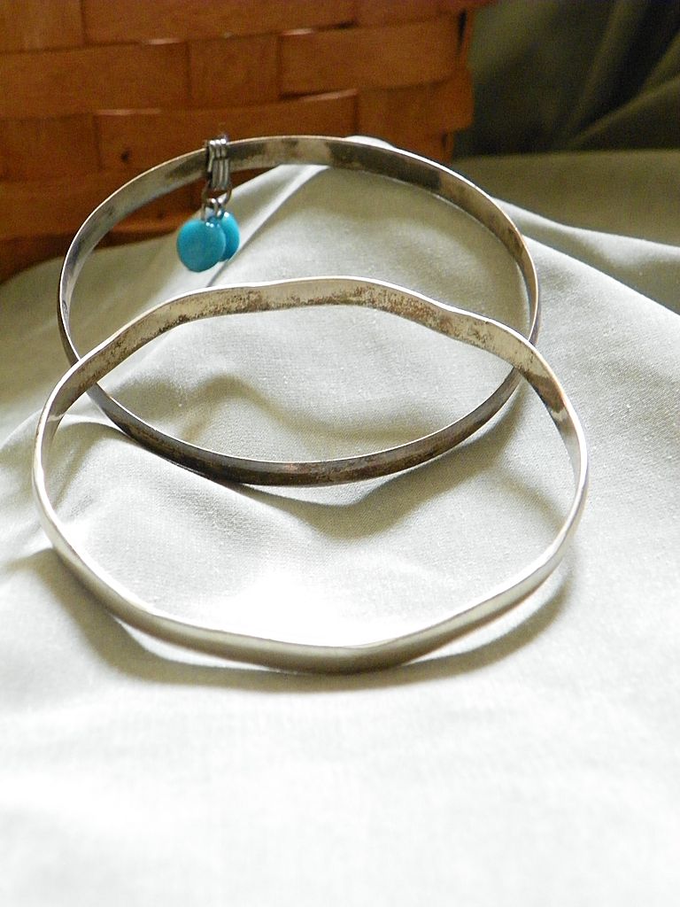 3 Sterling Silver Bangle Bracelets with Jingle and Blue Glass Beads 3 Sterling Silver Bangle Bracelets with Jingle and Blue Glass Beads