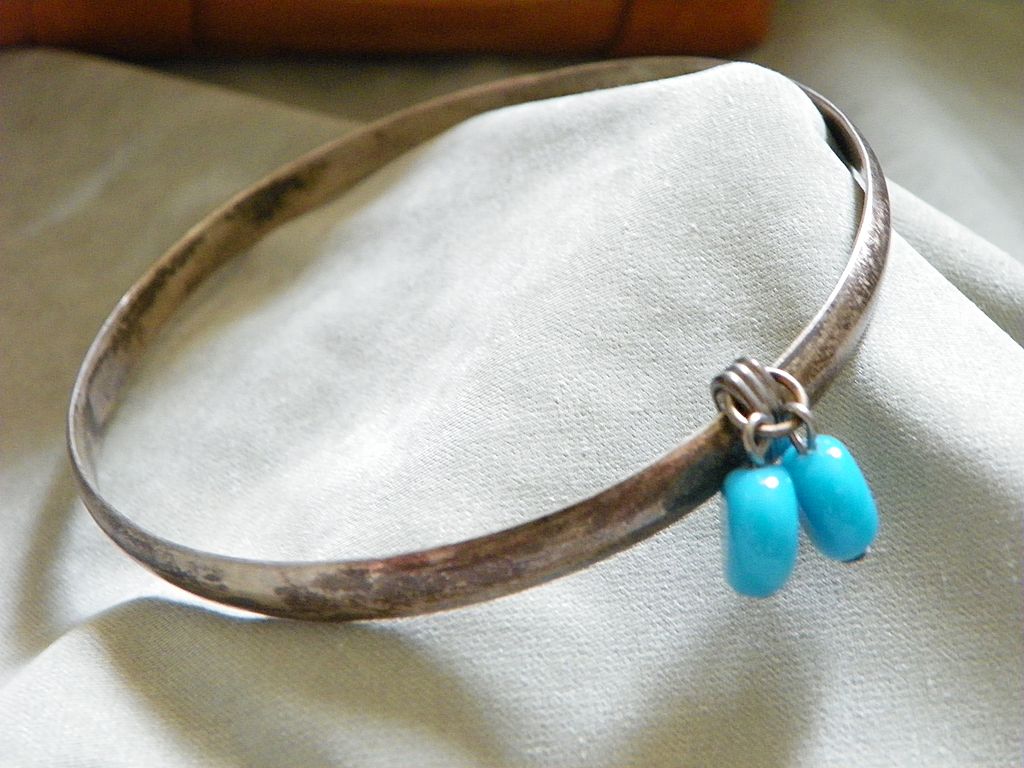 3 Sterling Silver Bangle Bracelets with Jingle and Blue Glass Beads 3 Sterling Silver Bangle Bracelets with Jingle and Blue Glass Beads