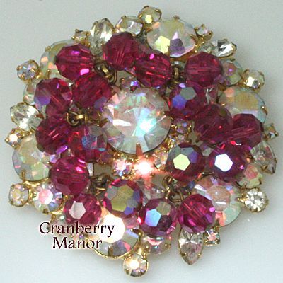 Vintage Rhinestone Jewelry by D&E/Juliana - Cranberry Pink Beaded Dangle Brooch Vintage Rhinestone Jewelry by D&E/Juliana - Cranberry Pink Beaded Dangle Brooch