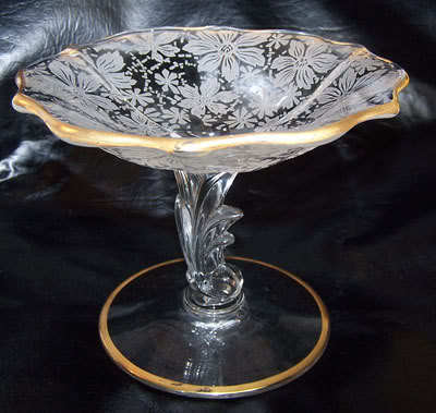 Vintage 40S Fostoria Baroque Glass Compote in Italian Lace Vintage 40S Fostoria Baroque Glass Compote in Italian Lace