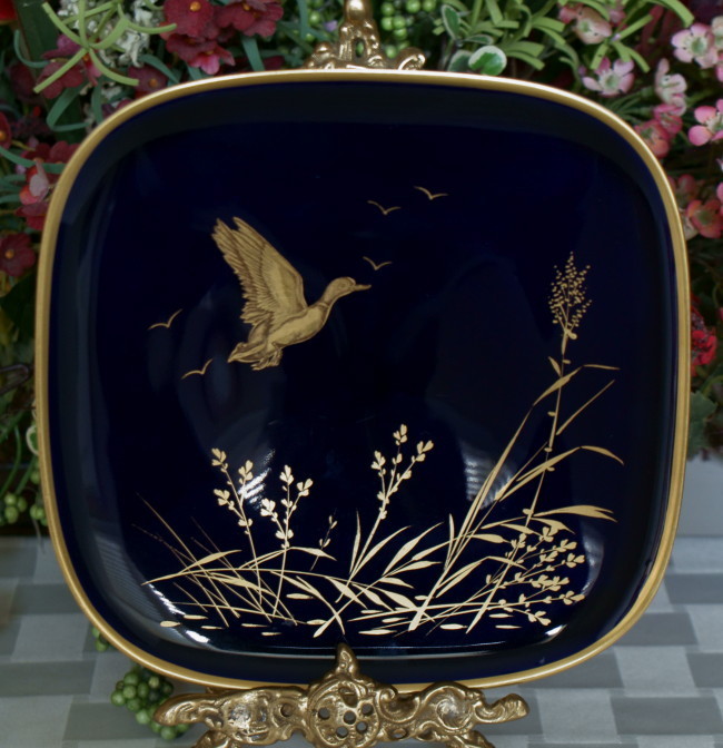 Rosenthal 1940's Cobalt Blue & Gold Goose Scene Square Porcelain Plate Rosenthal 1940's Cobalt Blue & Gold Goose Scene Square Porcelain Plate
