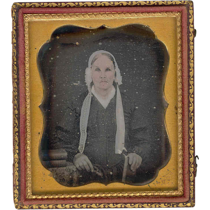 1850s Vintage Daguerreotype - Elderly Woman in White Bonnet - Floral Design Leather Covered Case 1850s Vintage Daguerreotype - Elderly Woman in White Bonnet - Floral Design Leather Covered Case