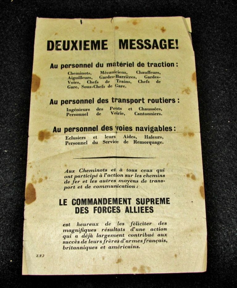 Extremely Rare 1944 World War Two Wartime Memorabilia - European Front D-Day Invasion – Supreme Allied Command Propaganda Leaflet to French Resistance Transportation Workers Extremely Rare 1944 World War Two Wartime Memorabilia - European Front D-Day Invasion – Supreme Allied Command Propaganda Leaflet to French Resistance Transportation Workers