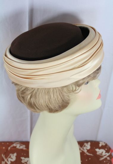 Vintage 60s Schiaparelli Chocolate Wool & Cream Satin Breton Hat Vintage 60s Schiaparelli Chocolate Wool & Cream Satin Breton Hat