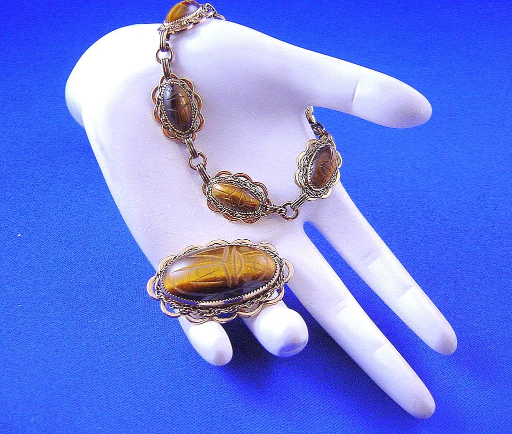 Vintage 40s/50s Atlas Tiger's Eye Scarabs & GF Bracelet/Brooch Demi-Parure Vintage 40s/50s Atlas Tiger's Eye Scarabs & GF Bracelet/Brooch Demi-Parure