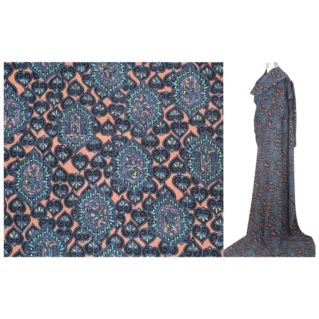 Vintage 1940s Novelty Persian Miniature Print Rayon Fabric 4 Yards from