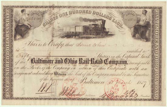 1857: Baltimore and Ohio RR Co Stock Certificate Israel Cohen signed. 1857: Baltimore and Ohio RR Co Stock Certificate Israel Cohen signed.