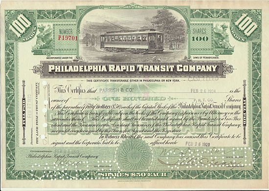 Philadelphia Rapid Transit Company. Old Stock Certificate with Tram. Philadelphia Rapid Transit Company. Old Stock Certificate with Tram.