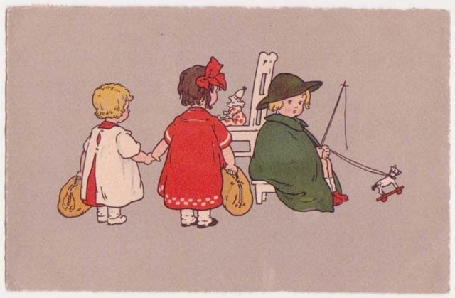 Art Deco Postcard Girls with Toys 4 Million Mark Stamps