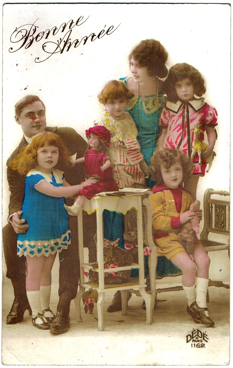 Vintage Xmas Postcard, Family with Children and Dolls Vintage Xmas Postcard, Family with Children and Dolls