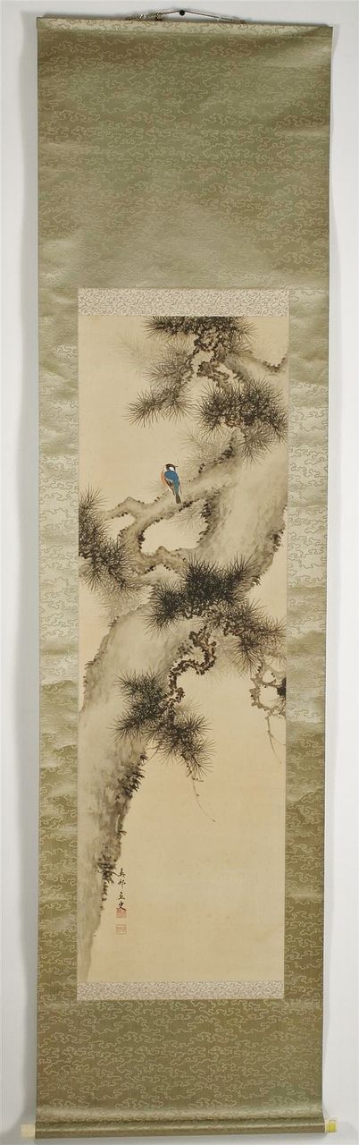 Chinese Scroll Painting Bluebird in Tree. Silk-Painting Chinese Scroll Painting Bluebird in Tree. Silk-Painting