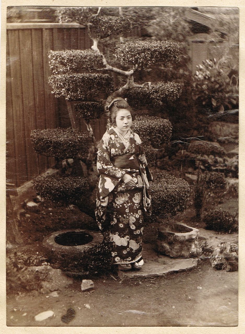 Japanese Girl in Garden. Albumen Photo. 1880s Japanese Girl in Garden. Albumen Photo. 1880s