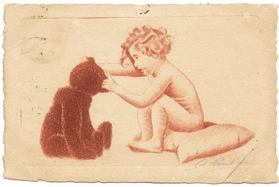 Girl with Teddy Bear. Original Etching as Postcard Girl with Teddy Bear. Original Etching as Postcard
