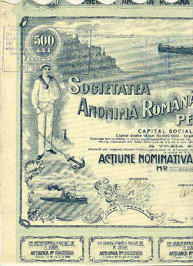 Dunare. Decorative Romanian Stock Cerificate with Sailor and Ship 1921 Dunare. Decorative Romanian Stock Cerificate with Sailor and Ship 1921