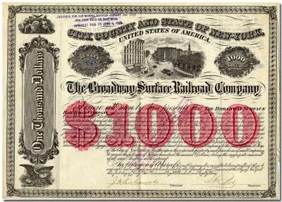 The Broadway Surface Railroad Company: 1000 $ Certificate. 1884 The Broadway Surface Railroad Company: 1000 $ Certificate. 1884