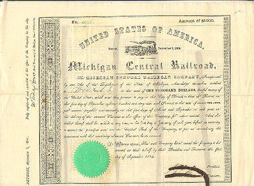 1854: Michigan Central Railroad Company. Old attractive Share 1854: Michigan Central Railroad Company. Old attractive Share