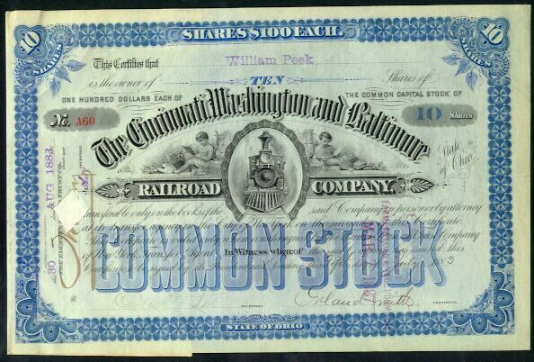 1883: 4 items of the Cincinatti Washington and Baltimore RR Co. 1883: 4 items of the Cincinatti Washington and Baltimore RR Co.