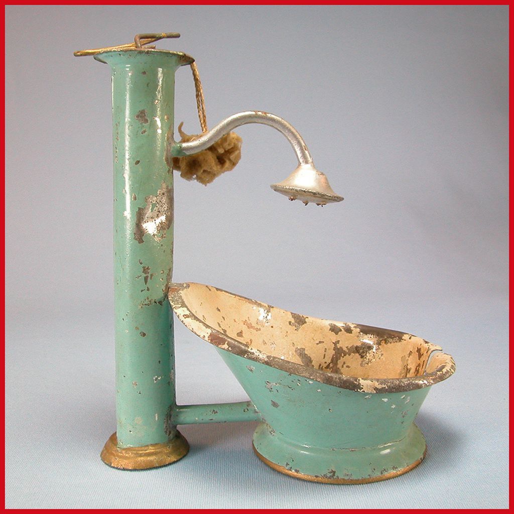 Antique Dollhouse Enameled Tin Hip Bath with Hand Pump Shower Early