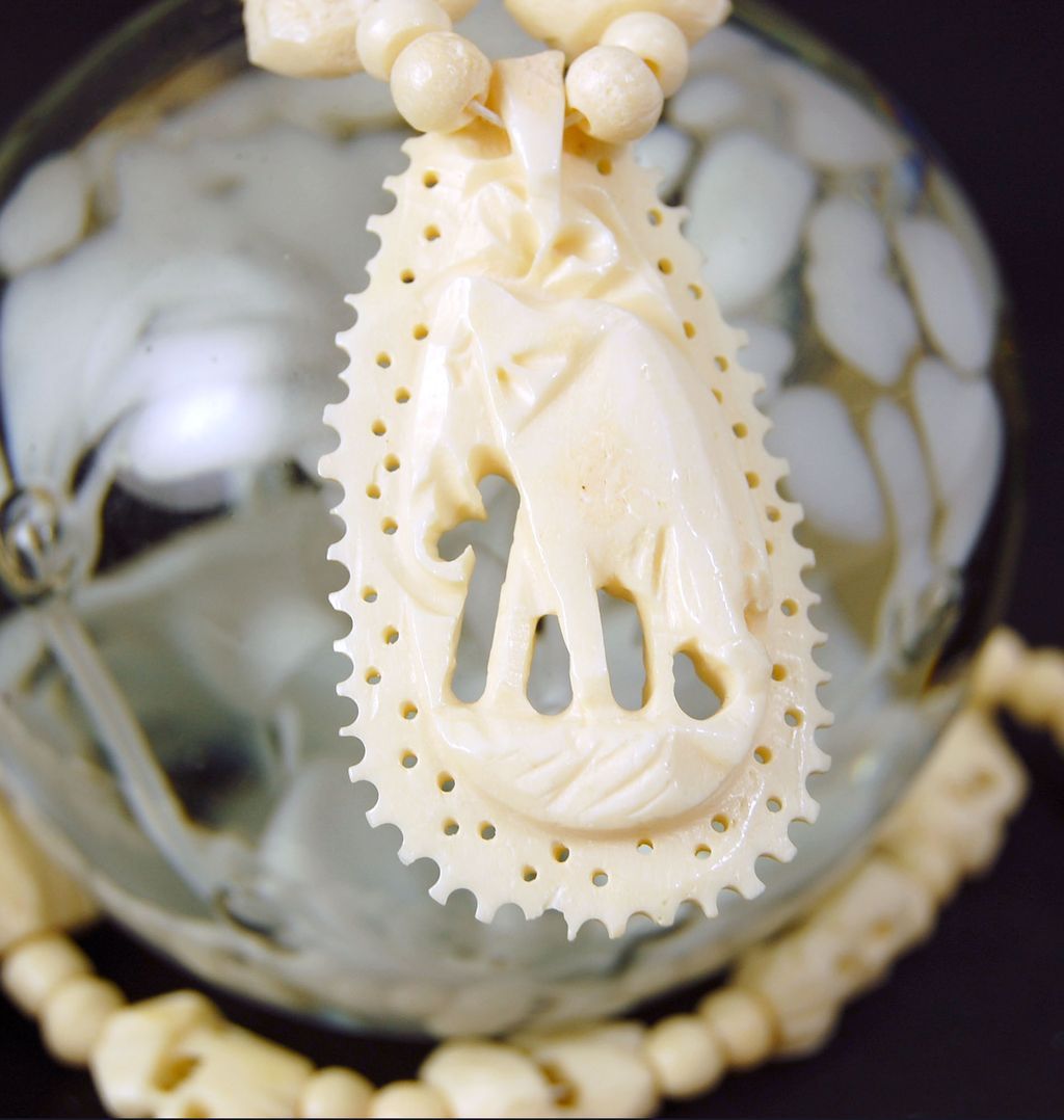 Vintage faux ivory plastic long pendant necklace elephant 32" Vintage faux ivory plastic long pendant necklace elephant 32"