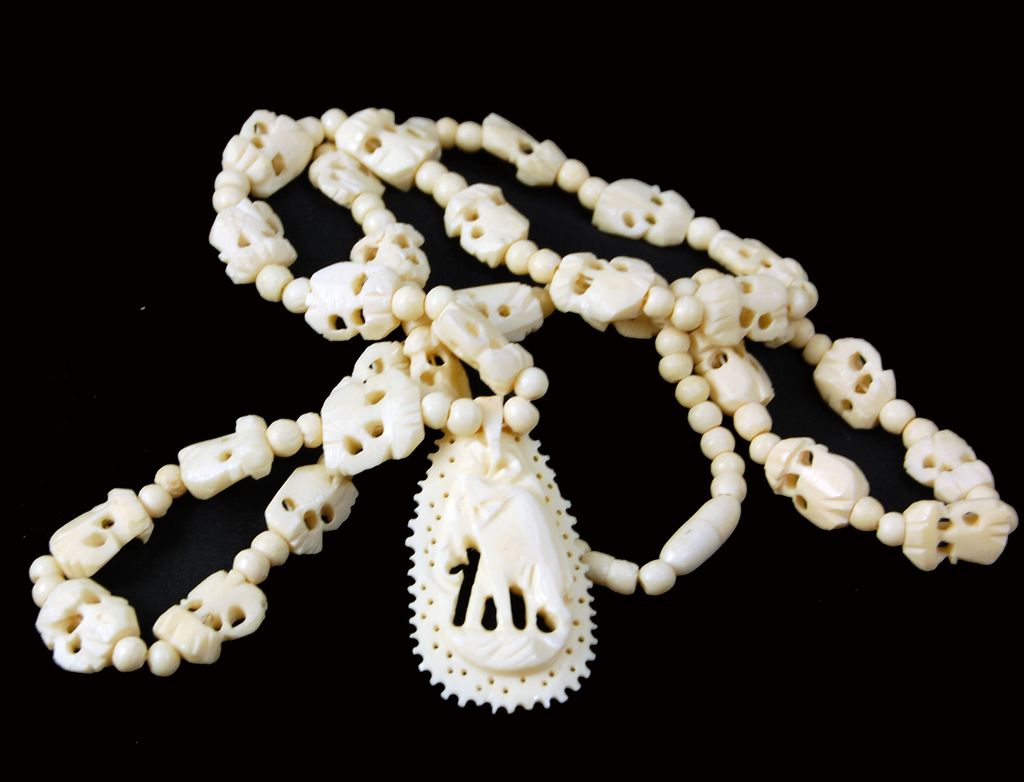 Vintage faux ivory plastic long pendant necklace elephant 32" Vintage faux ivory plastic long pendant necklace elephant 32"