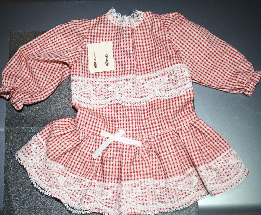 Red gingham drop-waist dress for antique bisque doll + earrings to match Red gingham drop-waist dress for antique bisque doll + earrings to match