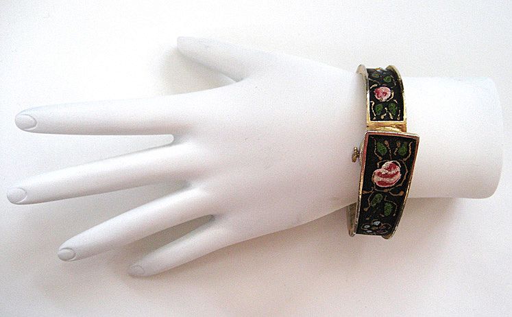 Lausanne Black and Floral Hand-Painted Clamper Watch Lausanne Black and Floral Hand-Painted Clamper Watch