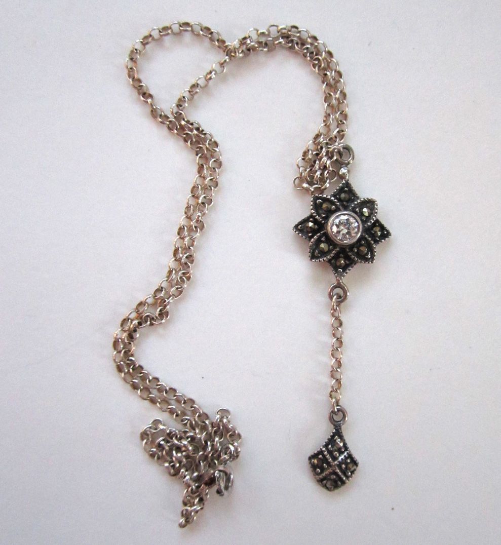 Sterling Silver Glass Stone Marcasite Drop Floral Pendant Sterling Silver Glass Stone Marcasite Drop Floral Pendant