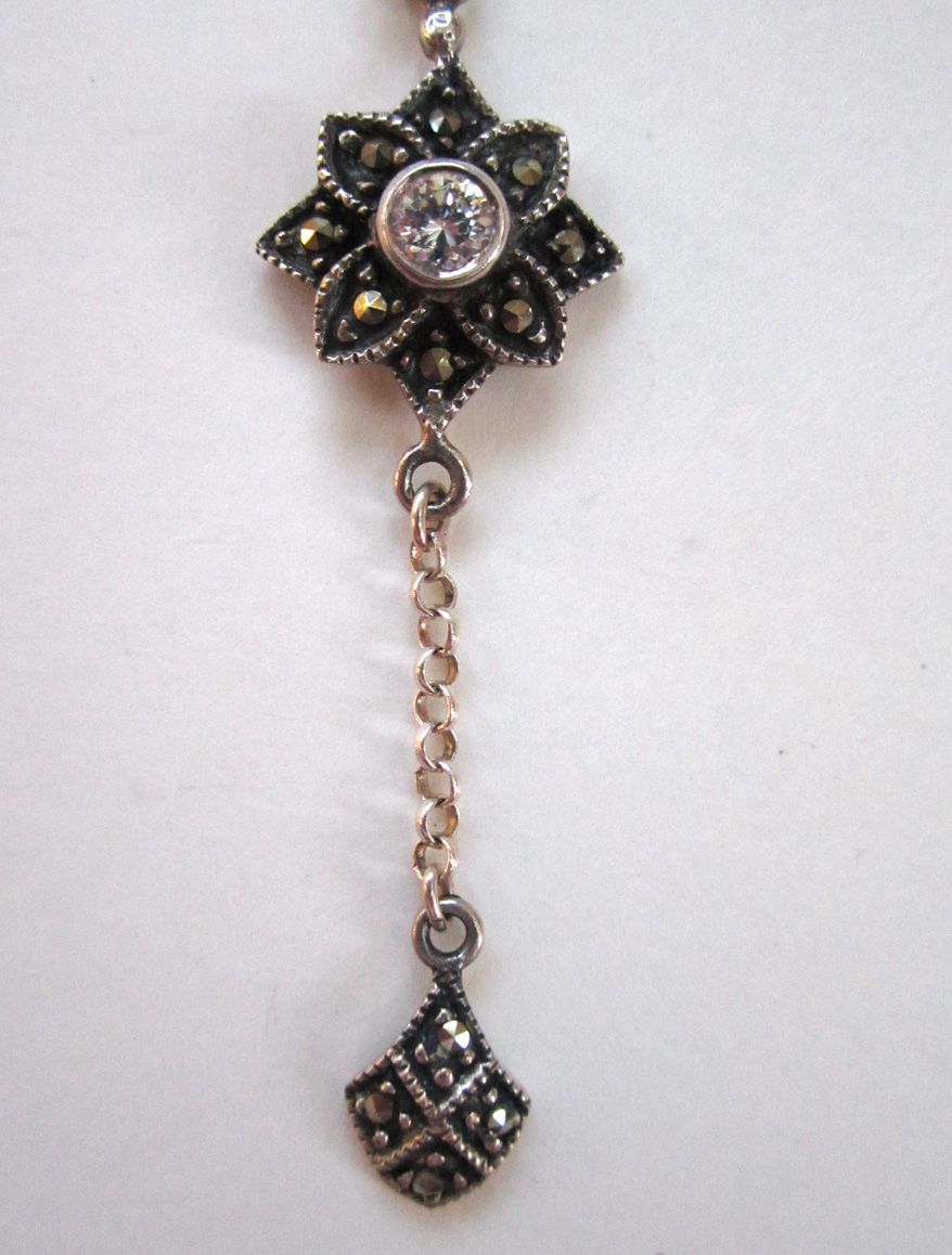 Sterling Silver Glass Stone Marcasite Drop Floral Pendant Sterling Silver Glass Stone Marcasite Drop Floral Pendant