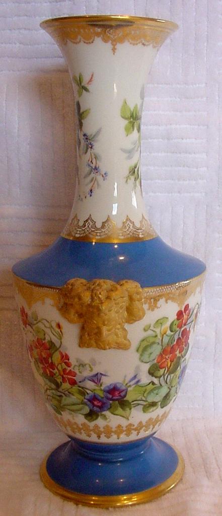 French Paris Jules Vialatte Vase Bacchus Heads Hand Painted Birds Flowers Beau Bleu Ground c 1870 French Paris Jules Vialatte Vase Bacchus Heads Hand Painted Birds Flowers Beau Bleu Ground c 1870