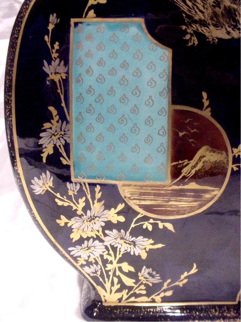 French Paris St. Denis Cobalt Faience Vase w Bird Butterflies Scene c 1870 French Paris St. Denis Cobalt Faience Vase w Bird Butterflies Scene c 1870