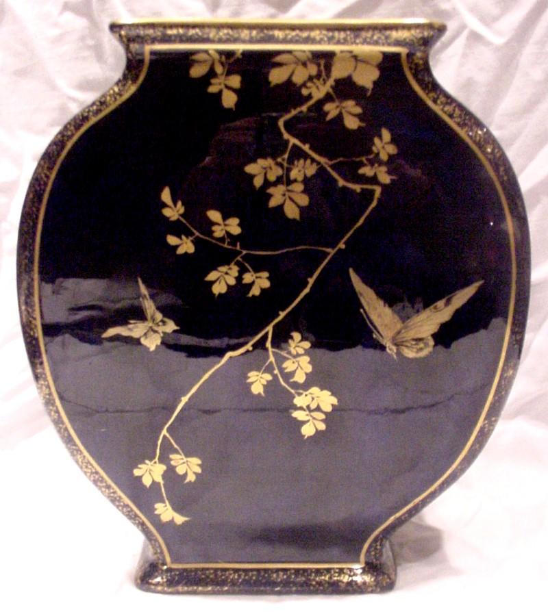 French Paris St. Denis Cobalt Faience Vase w Bird Butterflies Scene c 1870 French Paris St. Denis Cobalt Faience Vase w Bird Butterflies Scene c 1870