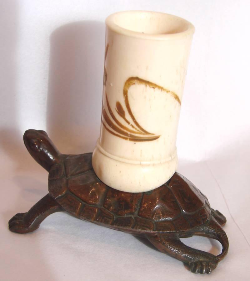 Asian Japanese or Chinese Small Metal Bronze Detailed Sea Turtle w Hand Painted Pen or Match Holder c 1880 Asian Japanese or Chinese Small Metal Bronze Detailed Sea Turtle w Hand Painted Pen or Match Holder c 1880