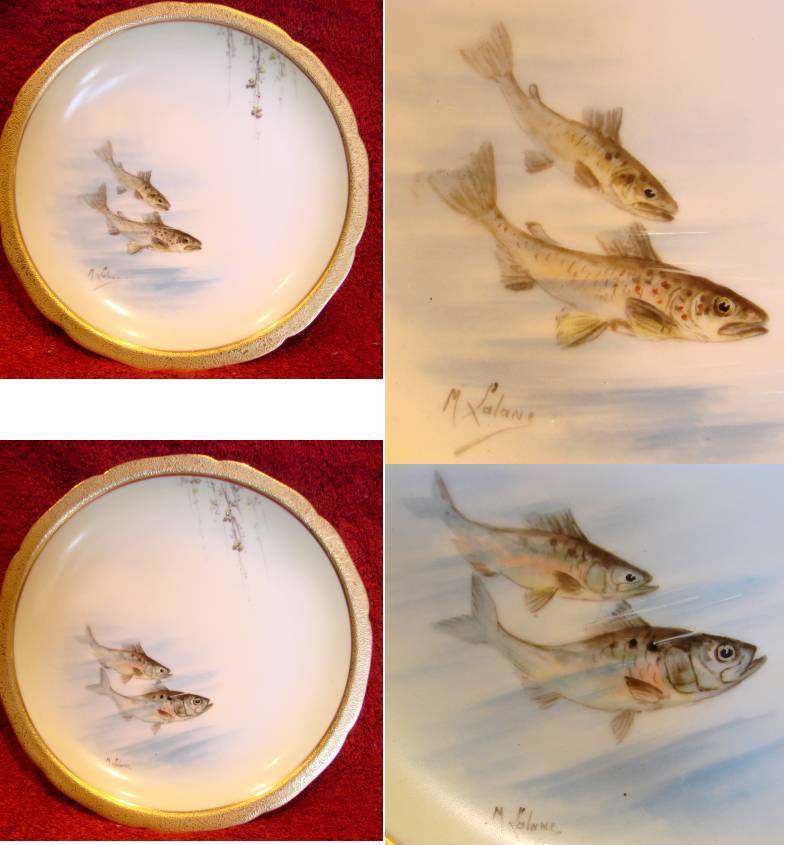 French Limoges Set of 12 Fish Plates Hand Painted Artist Signed c 1891 - 1905 French Limoges Set of 12 Fish Plates Hand Painted Artist Signed c 1891 - 1905