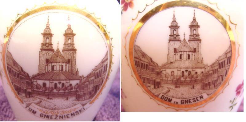 German Tielsch Coffee or Tea Pot & Creamer w a Polish Scene of Congress of Gnieźnieński in Gnesen c 1900 - 1934 German Tielsch Coffee or Tea Pot & Creamer w a Polish Scene of Congress of Gnieźnieński in Gnesen c 1900 - 1934