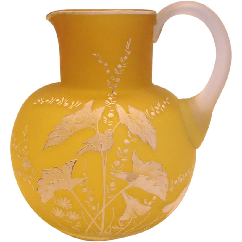 English Art Glass Jug Pitcher Unusual Yellow Green Brown Color White Enameled Bird Foliage c 1880 English Art Glass Jug Pitcher Unusual Yellow Green Brown Color White Enameled Bird Foliage c 1880