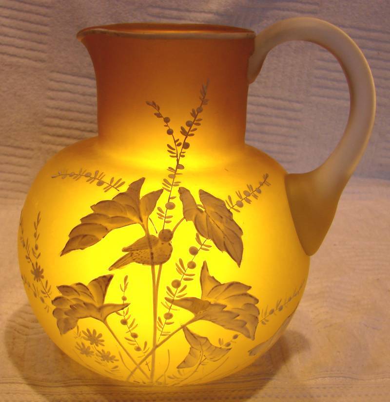 English Art Glass Jug Pitcher Unusual Yellow Green Brown Color White Enameled Bird Foliage c 1880 English Art Glass Jug Pitcher Unusual Yellow Green Brown Color White Enameled Bird Foliage c 1880