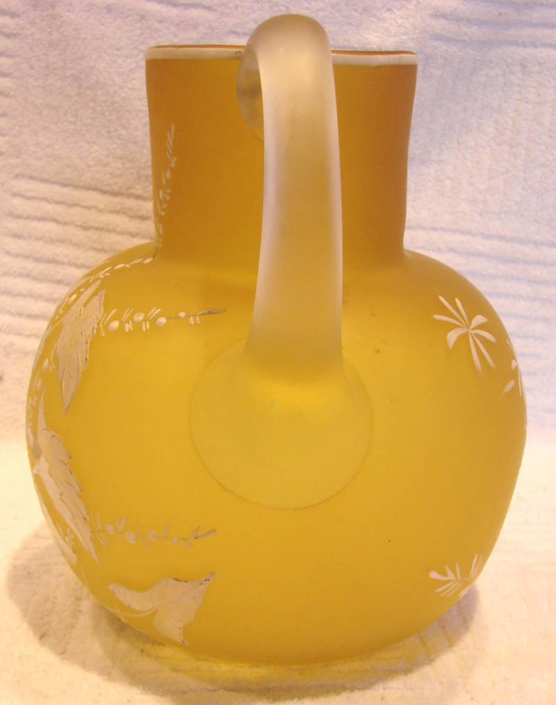 English Art Glass Jug Pitcher Unusual Yellow Green Brown Color White Enameled Bird Foliage c 1880 English Art Glass Jug Pitcher Unusual Yellow Green Brown Color White Enameled Bird Foliage c 1880