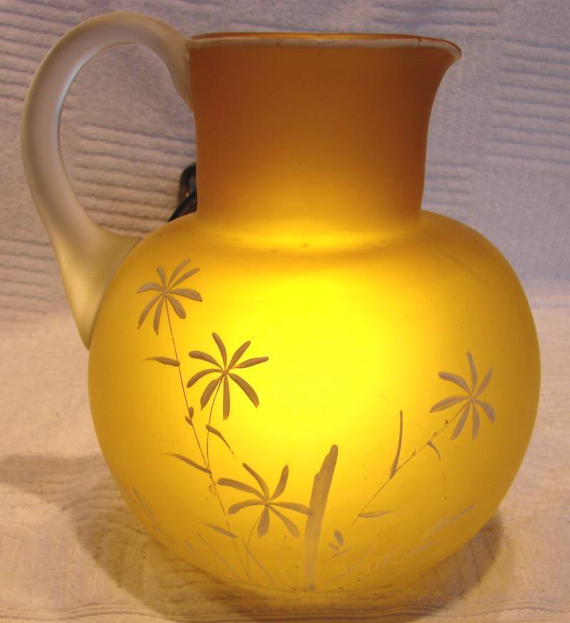 English Art Glass Jug Pitcher Unusual Yellow Green Brown Color White Enameled Bird Foliage c 1880 English Art Glass Jug Pitcher Unusual Yellow Green Brown Color White Enameled Bird Foliage c 1880