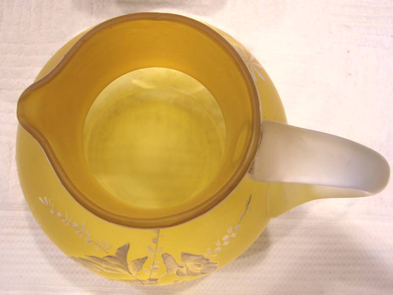 English Art Glass Jug Pitcher Unusual Yellow Green Brown Color White Enameled Bird Foliage c 1880 English Art Glass Jug Pitcher Unusual Yellow Green Brown Color White Enameled Bird Foliage c 1880