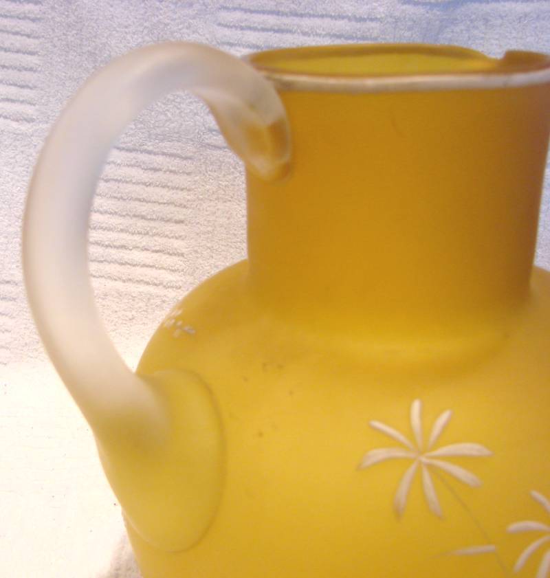 English Art Glass Jug Pitcher Unusual Yellow Green Brown Color White Enameled Bird Foliage c 1880 English Art Glass Jug Pitcher Unusual Yellow Green Brown Color White Enameled Bird Foliage c 1880