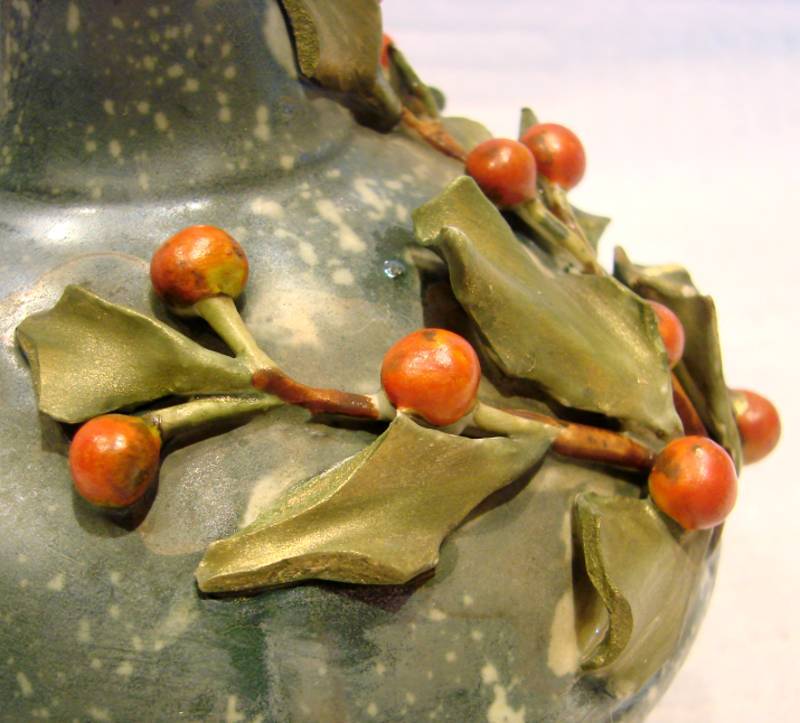 Bohemian Czech Teplitz Amphora Ewer w Applied Holly Leaves Red Berries c 1859 - 1894 Bohemian Czech Teplitz Amphora Ewer w Applied Holly Leaves Red Berries c 1859 - 1894