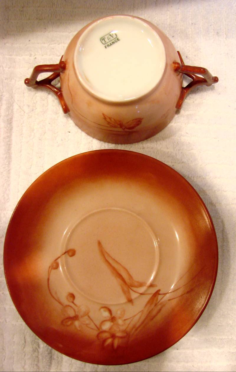 French Limoges Pair Bouillon Cups Scrs Painted Flowers Leaves Shaded Red c 1892 - 1907 French Limoges Pair Bouillon Cups Scrs Painted Flowers Leaves Shaded Red c 1892 - 1907